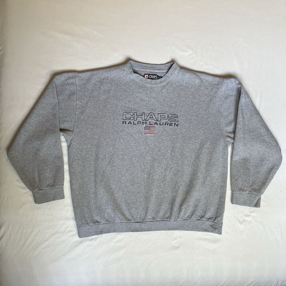 Chaps Ralph Lauren Sweatshirt Men XL Gray Crewneck Vintage 90s USA Flag Sweater